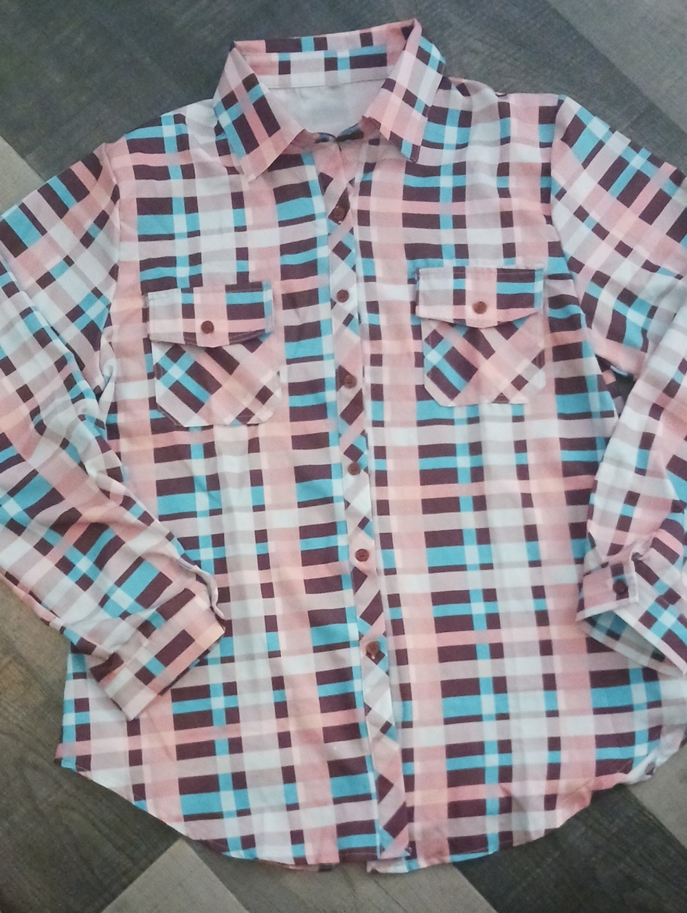 Source Unknown Pink, Brown and Blue Plaid Button-Down Shirt
